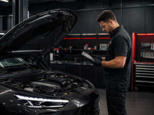 Automotive technician inspecting a performance vehicle with a diagnostic tablet in Winston-Salem NC