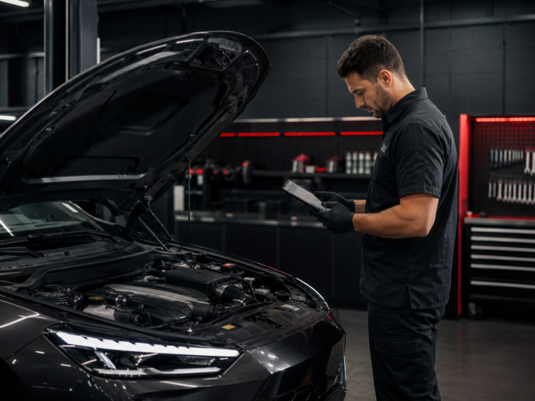 Automotive technician inspecting a performance vehicle with a diagnostic tablet in Winston-Salem NC
