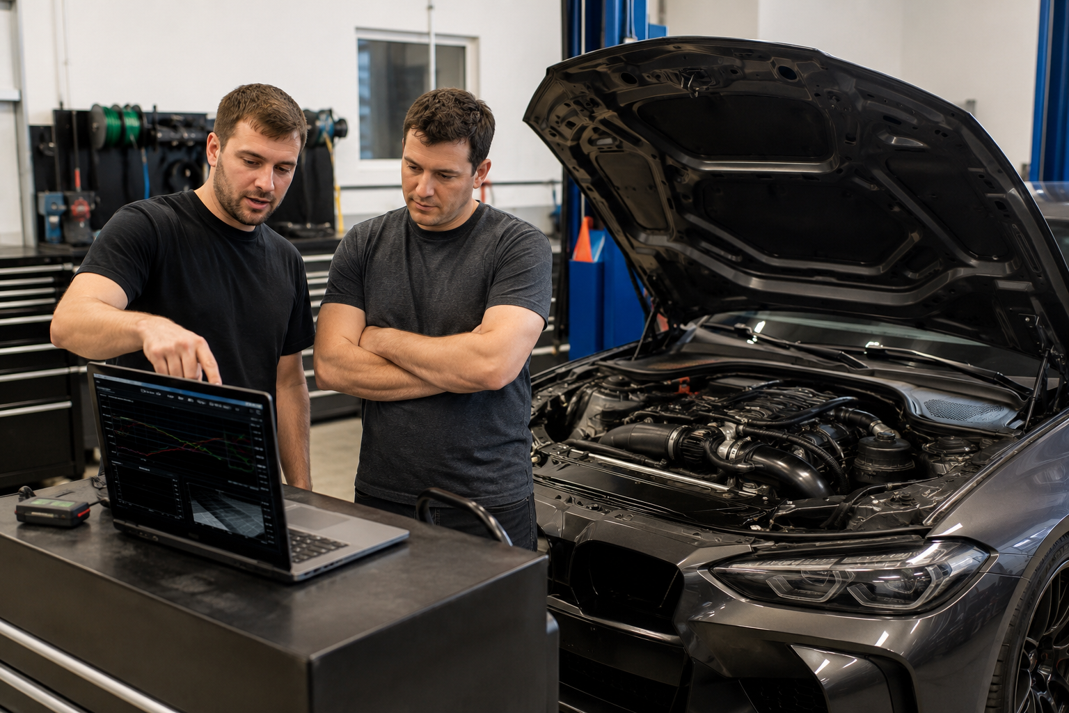 Technician reviewing ECU tuning process on a laptop