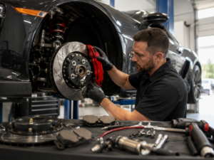 Automotive technician installing a performance brake rotor and caliper on a sports car
