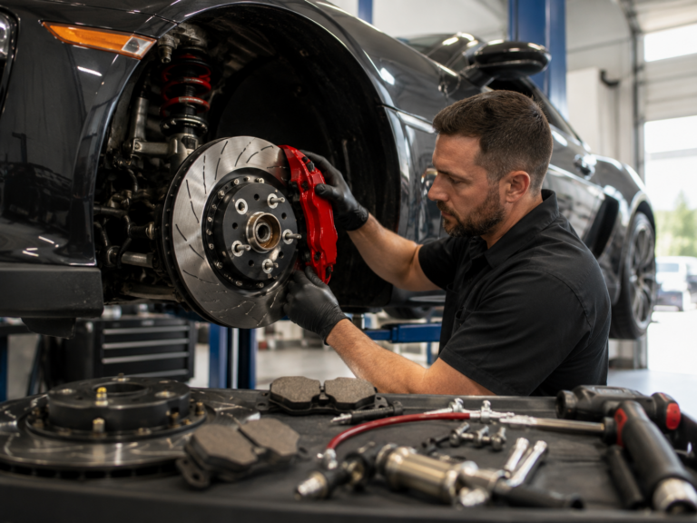 Automotive technician installing a performance brake rotor and caliper on a sports car