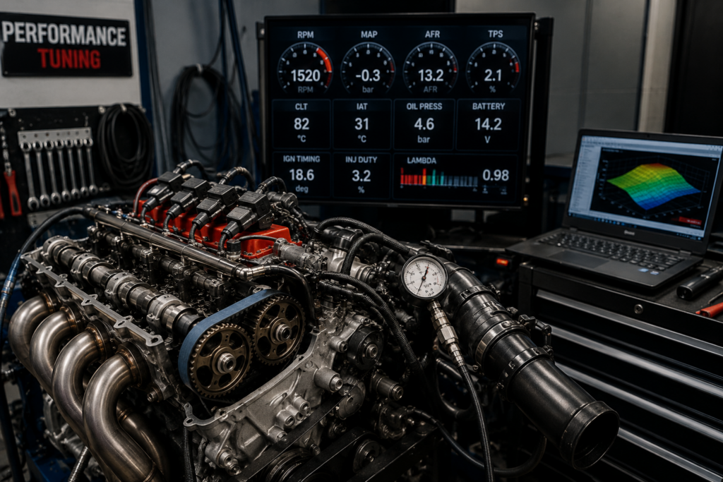 Performance engine with exposed camshafts connected to diagnostic monitors for ECU tuning and calibration