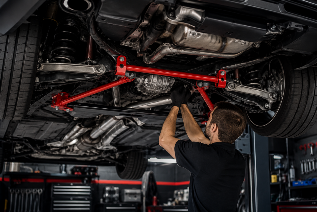 Automotive technician installing red chassis bracing beneath a performance vehicle