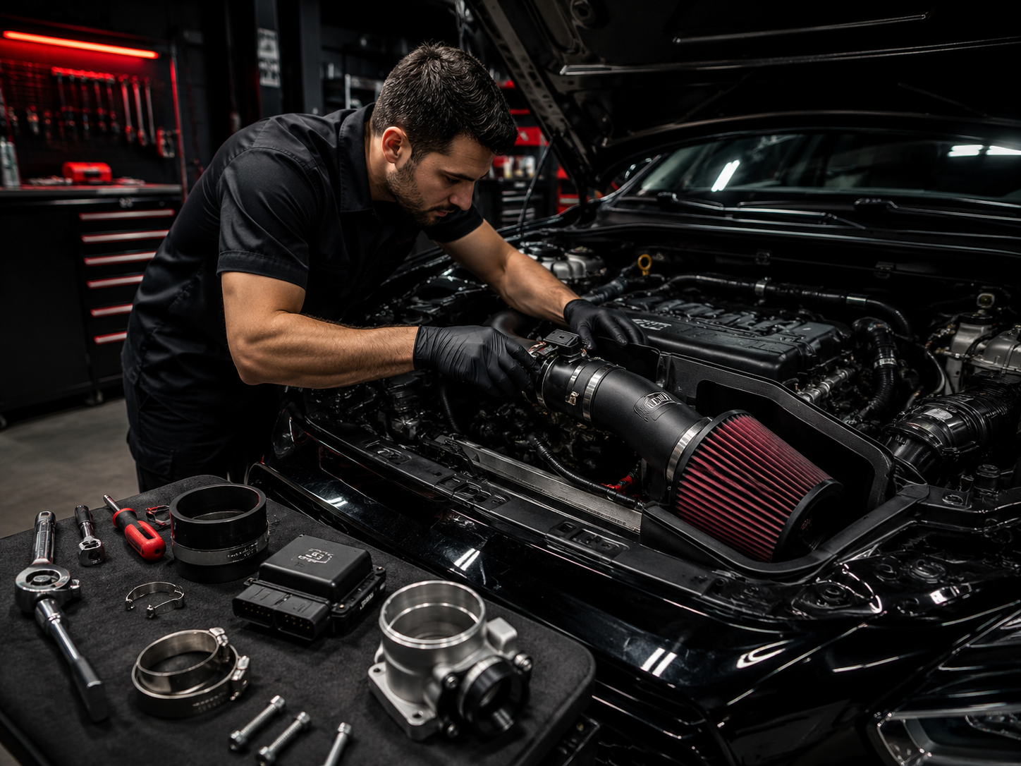 Cold air intake installation on a performance vehicle