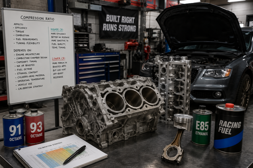 Engine block, cylinder head, piston, and fuel containers illustrating compression ratio and fuel requirements in a professional car repair shop.