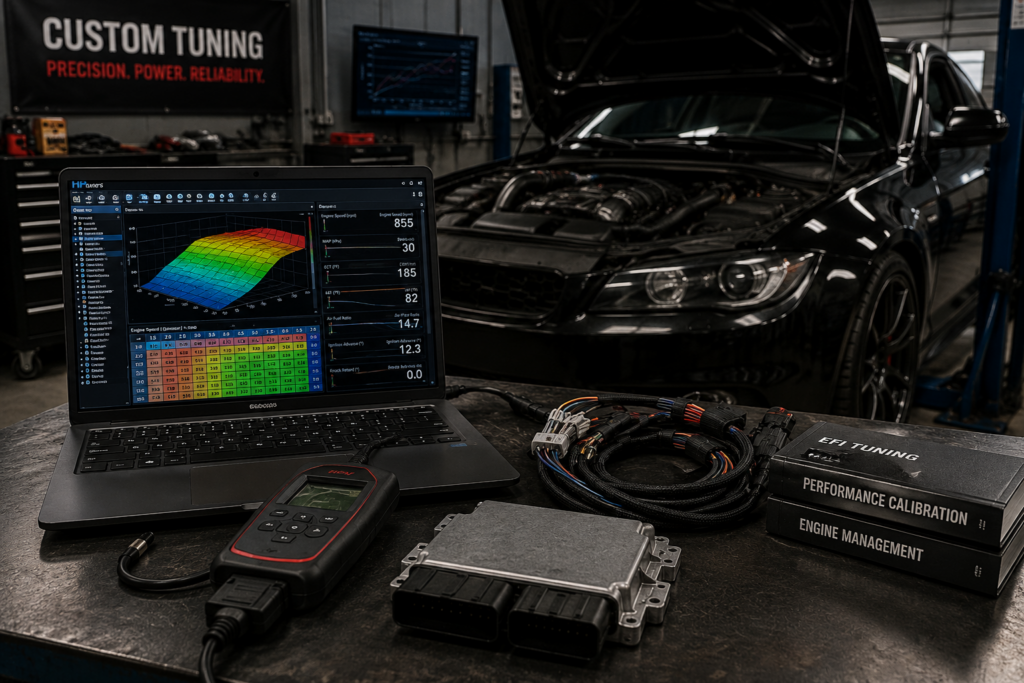 Custom ECU tuning equipment, calibration software, wiring harnesses, and engine control module beside a performance vehicle