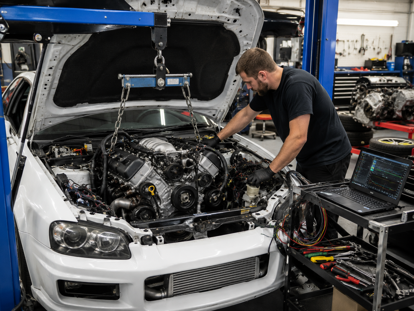 Custom LS engine swap components staged for installation