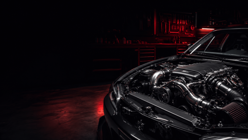 Custom-built performance engine installed in a modified vehicle workshop in Winston-Salem NC
