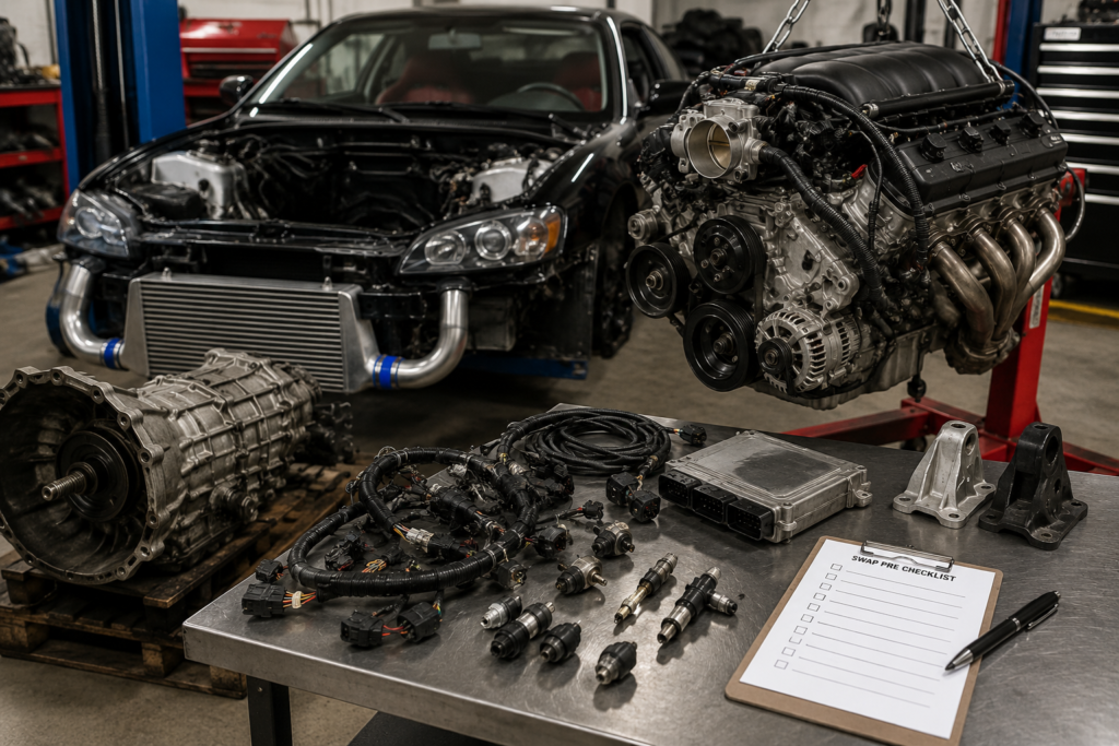 Customer-supplied engine, transmission, ECU, wiring harness, sensors, and mounting components prepared for an engine swap evaluation