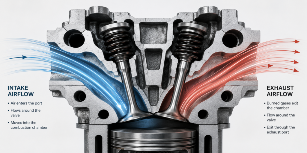 Technical illustration of intake and exhaust airflow through a cylinder head showing air movement, valves, and combustion chamber.