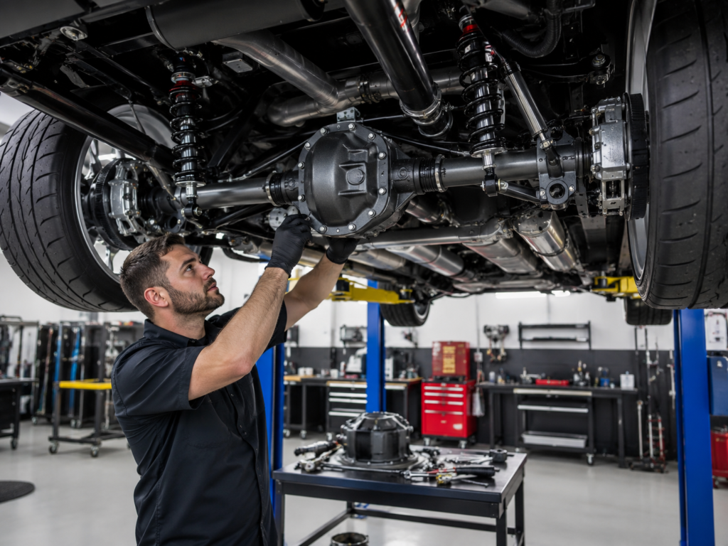 Automotive technician inspecting the differential, axles, and rear suspension beneath a performance vehicle