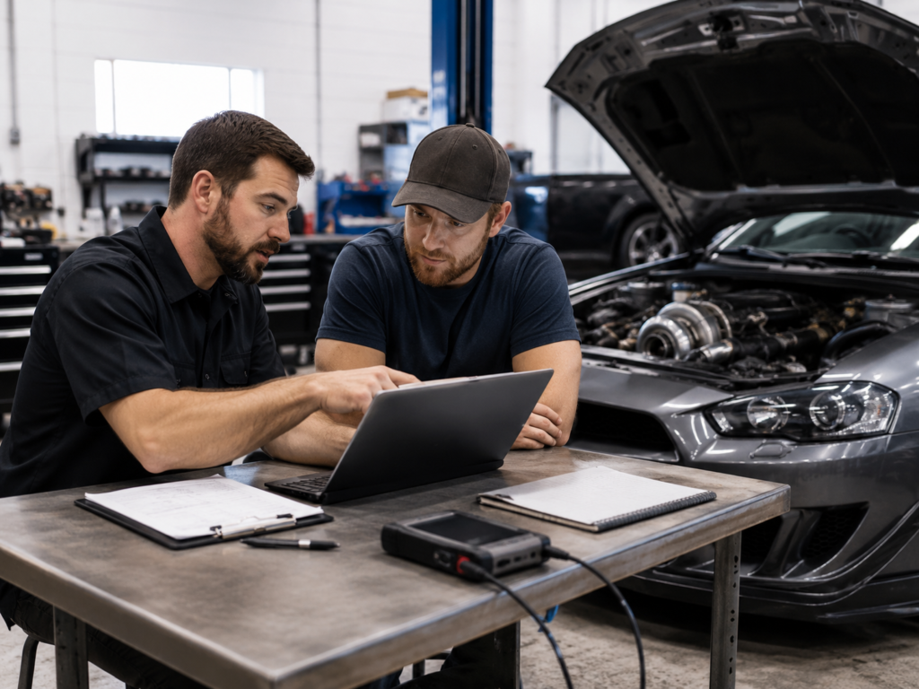 Performance technician reviewing vehicle details and modification information with an owner before ECU tuning