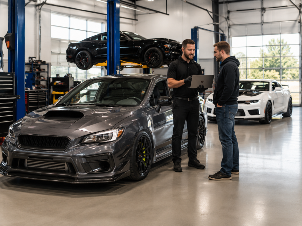 Performance technician discussing ECU tuning with a vehicle owner in a professional automotive workshop near Winston-Salem