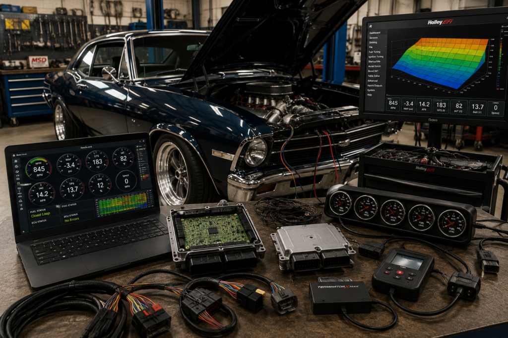 Classic restomod vehicle connected to ECU tuning equipment, diagnostic monitors, wiring harnesses, and performance gauges