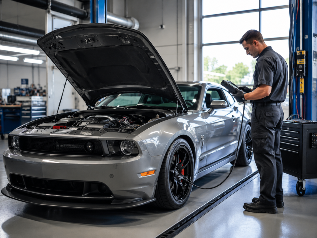 Automotive technician performing an emissions and safety inspection on a modified street performance vehicle