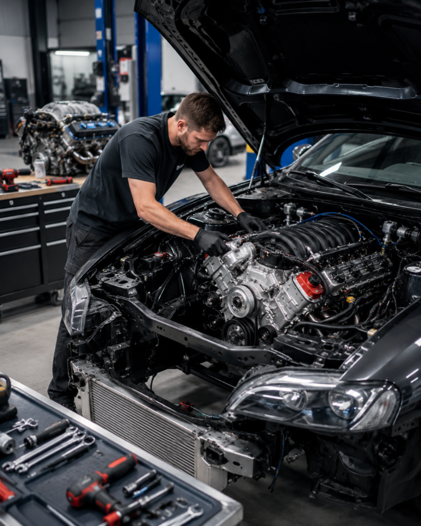 Automotive technician installing a high-performance engine during a custom engine swap in Winston-Salem, NC