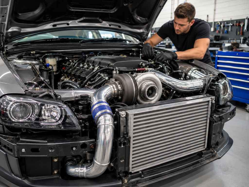 Automotive technician inspecting a turbocharger and intercooler system in a performance vehicle
