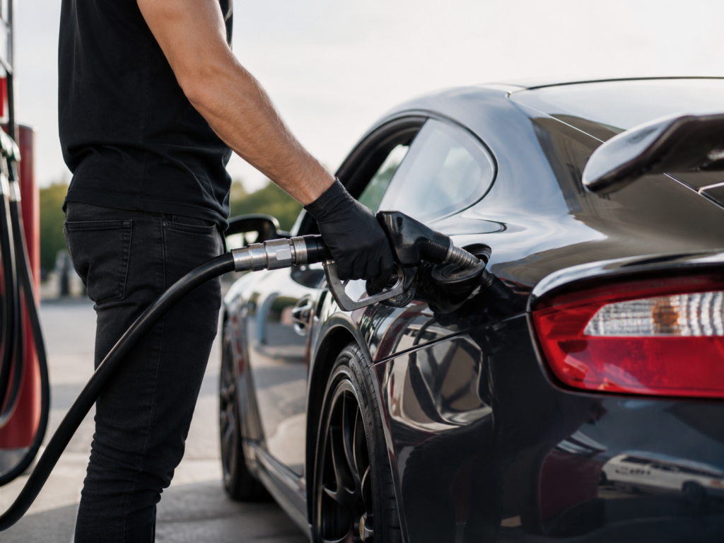 Performance sports car being refueled with the required fuel before ECU tuning