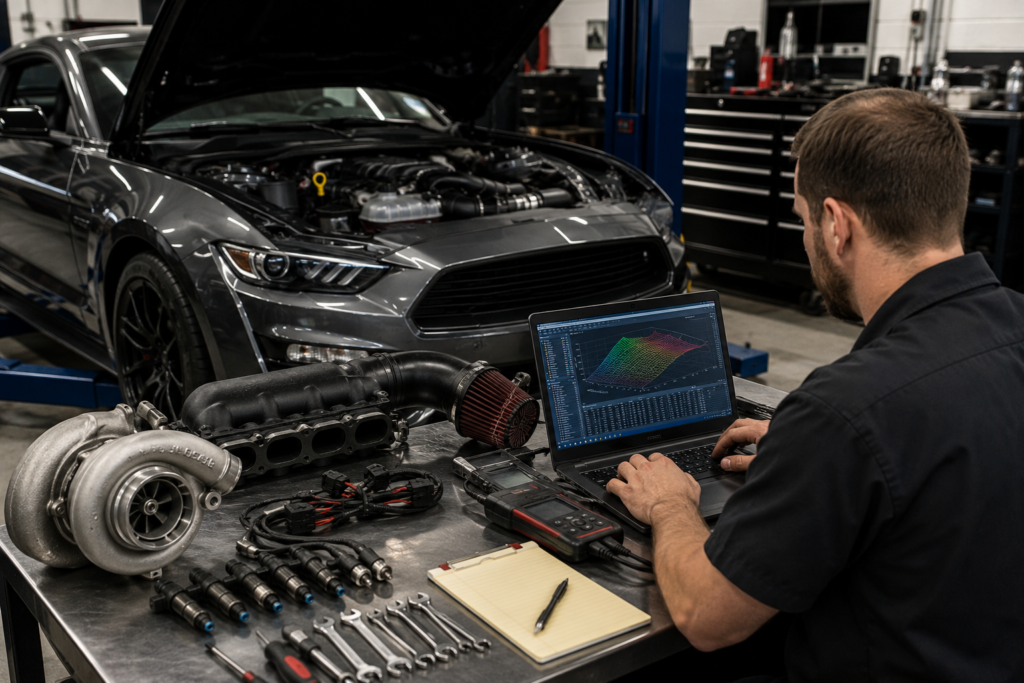 Automotive technician reviewing ECU calibration data beside a modified performance car before tuning