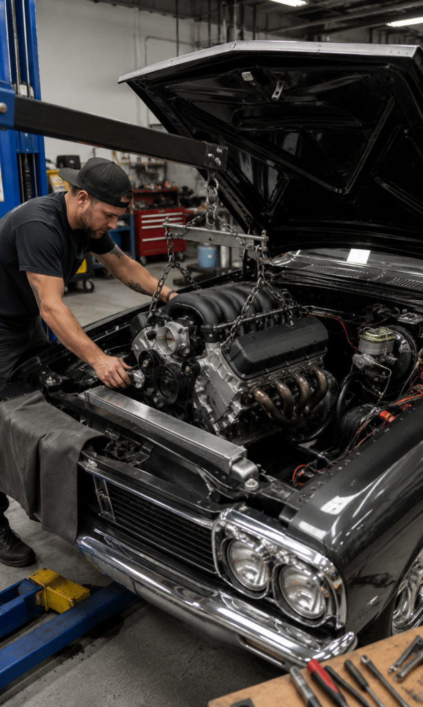 Automotive technician installing an LS engine into a classic performance car in Winston-Salem, NC