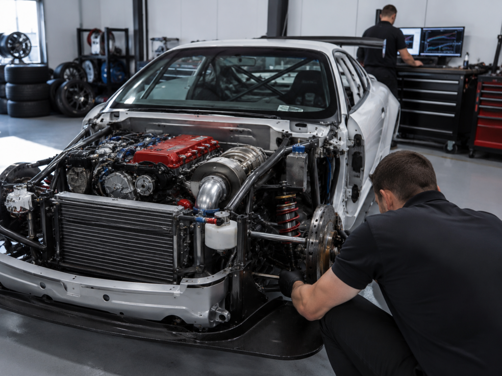 Motorsport technicians installing and inspecting a high-performance engine swap in a race-prepared vehicle