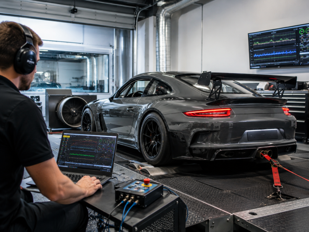 Performance technician calibrating a motorsport vehicle on a chassis dynamometer