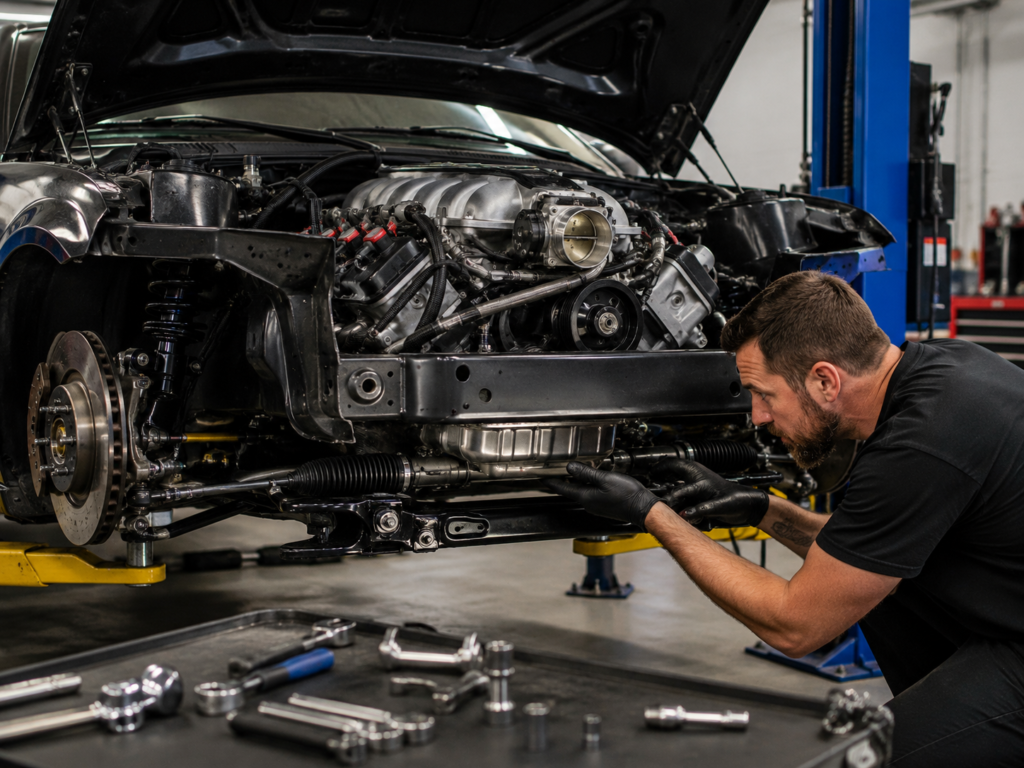 Automotive technician checking oil pan, crossmember, and steering rack clearance during an engine swap