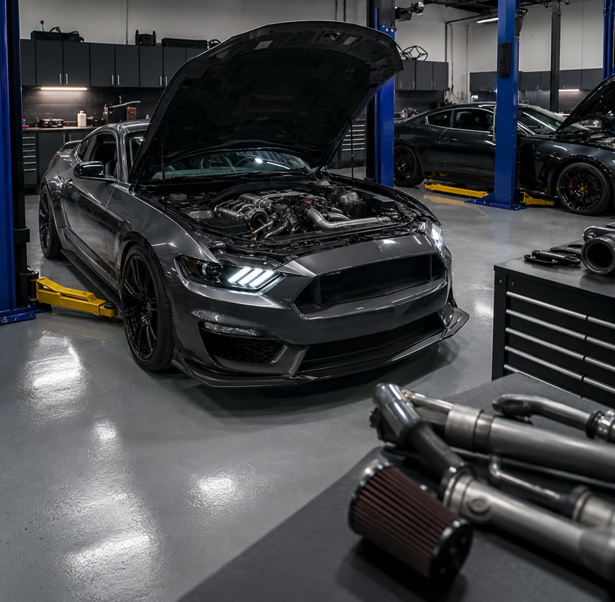 Modified performance cars with open engine bays inside a professional auto shop near Winston-Salem, NC