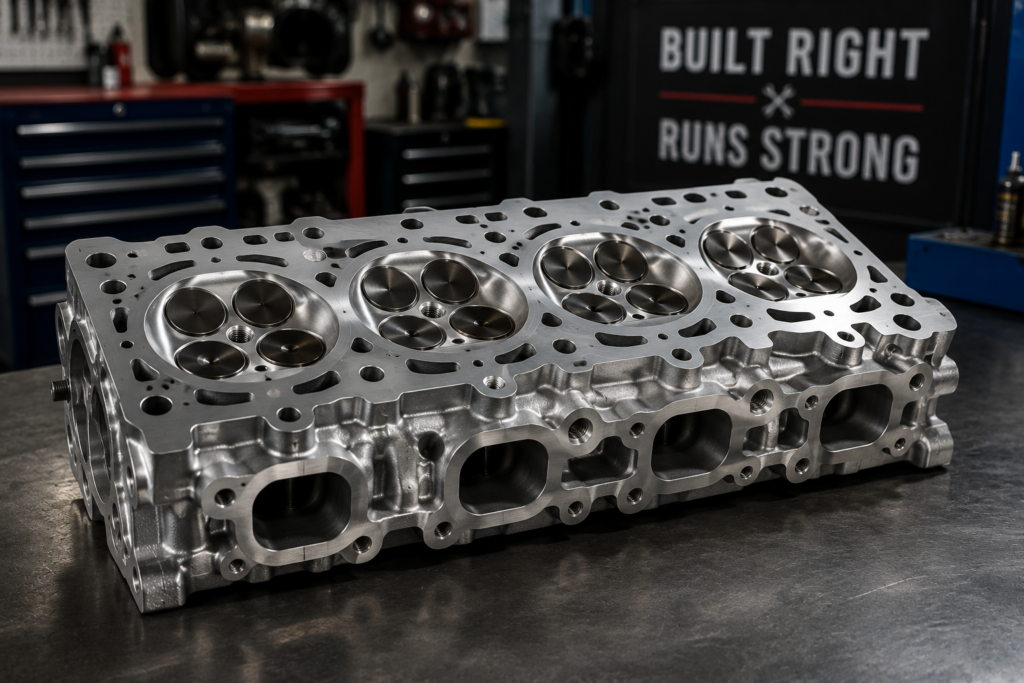 High performance aluminum cylinder head on a workbench inside a professional automotive engine repair shop.