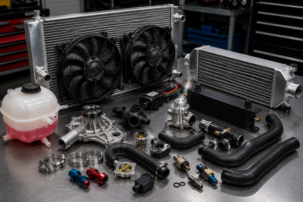 Performance engine cooling components including an aluminum radiator, electric fans, intercooler, oil cooler, water pump, coolant reservoir, hoses, fittings, and thermostat arranged in an automotive workshop.