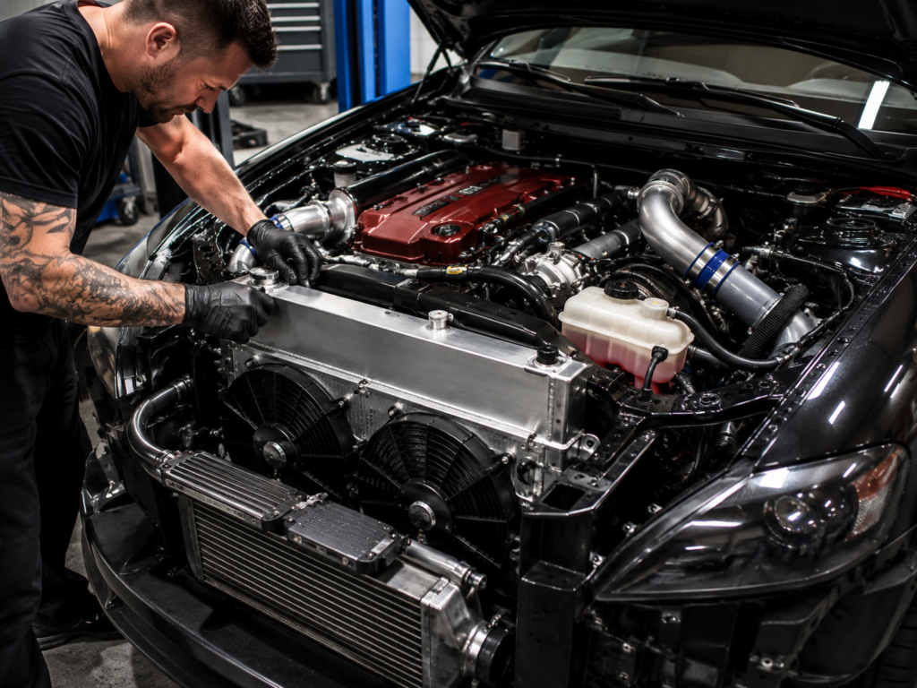 Mechanic inspecting a high-performance engine cooling system with an aluminum radiator, electric fans, coolant reservoir, hoses, and intercooler components.