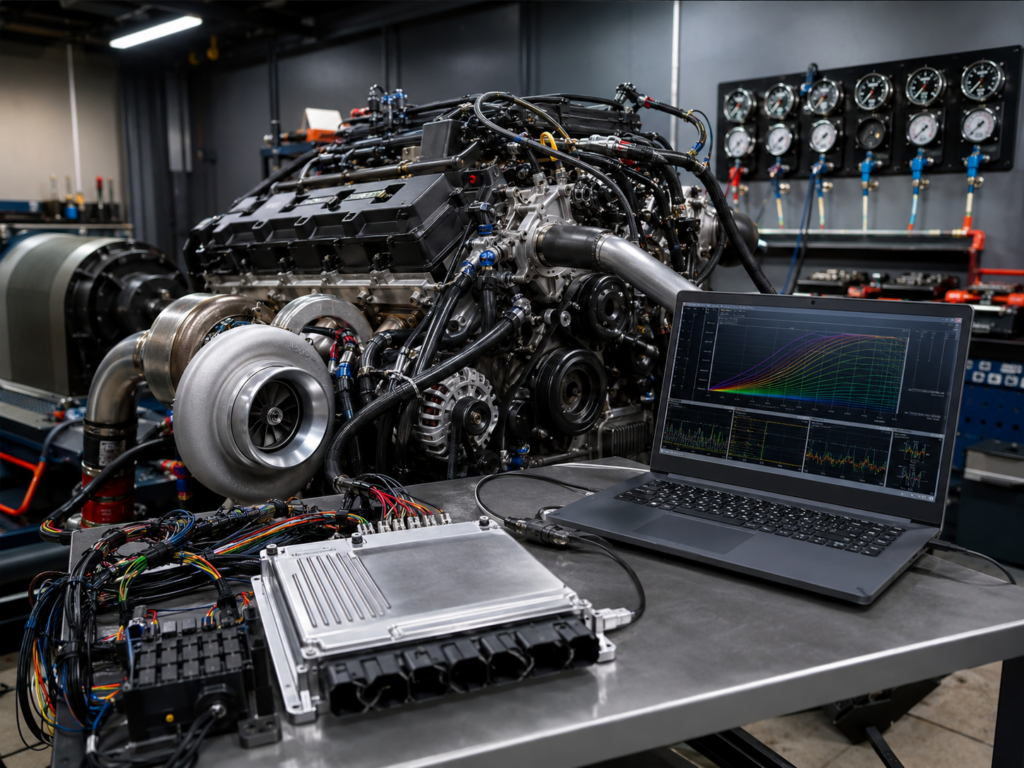 Performance engine ECU calibration setup with a turbocharged engine, tuning laptop, wiring harness, sensors, and engine control module in an automotive tuning workshop.