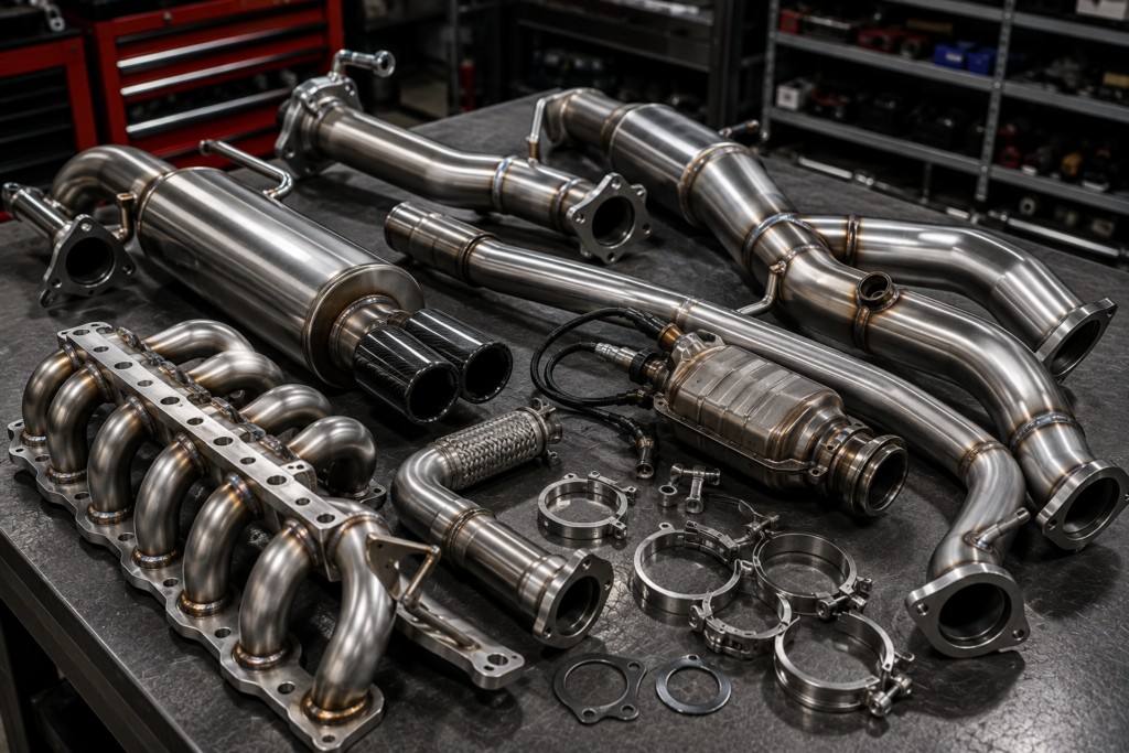 Performance exhaust system components including stainless steel headers, piping, mufflers, catalytic converter, flex joint, oxygen sensors, clamps, and flanges arranged in an automotive workshop.