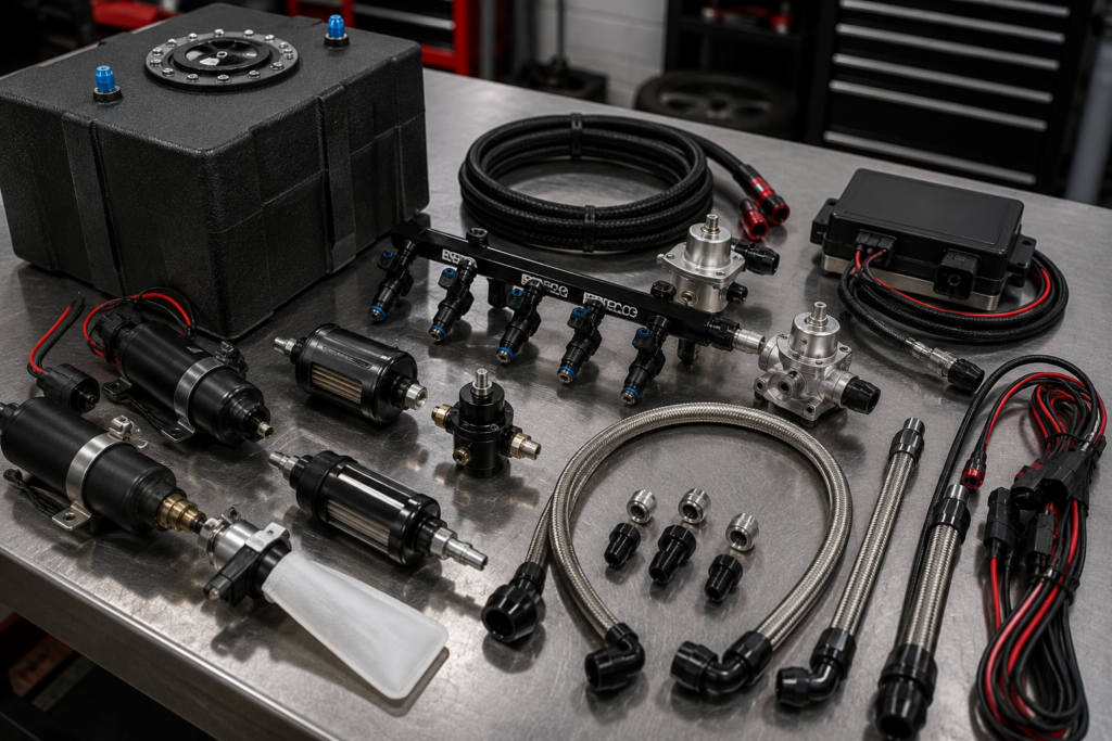 Performance engine fuel system components including fuel pumps, injectors, rails, filters, regulators, braided lines, fittings, and a fuel cell arranged in an automotive workshop.