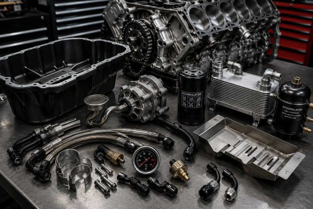 Performance engine oil system components including an oil pan, oil pump, pickup, filter, oil cooler, accumulator, braided lines, and pressure gauge arranged in an automotive workshop.