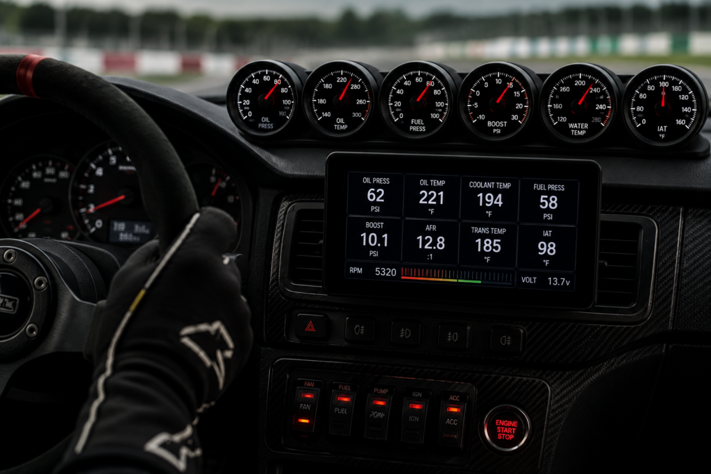 Performance car dashboard with gauges monitoring oil pressure, temperatures, boost, fuel pressure, and air fuel ratio