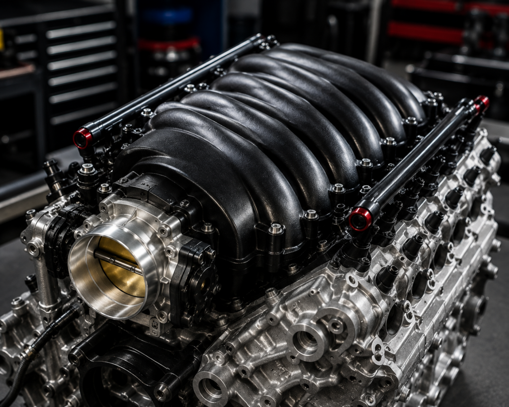 High performance intake manifold and throttle body installed on an automotive engine inside a professional car repair workshop.