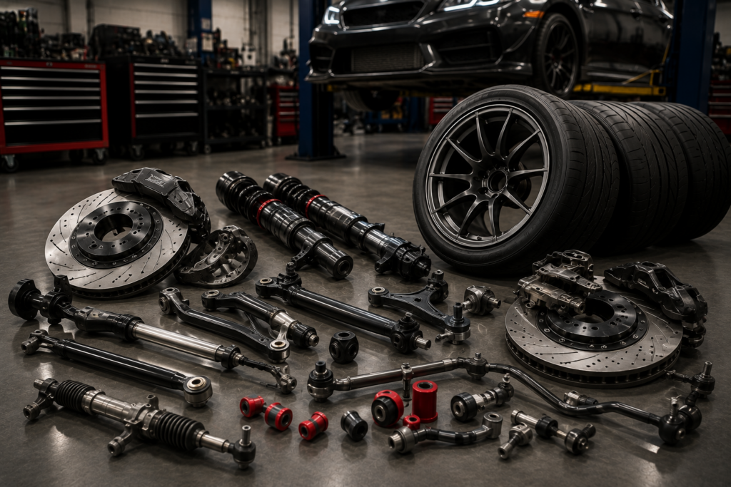 Performance suspension, brake, steering, and tire components arranged in a professional automotive workshop with a modified car on a lift.
