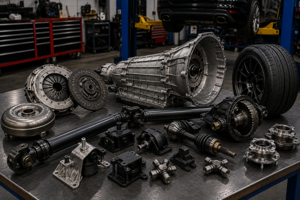 Performance transmission and drivetrain components including a gearbox, clutch, torque converter, driveshaft, differential, axles, universal joints, mounts, hubs, and performance tire arranged in an automotive workshop.