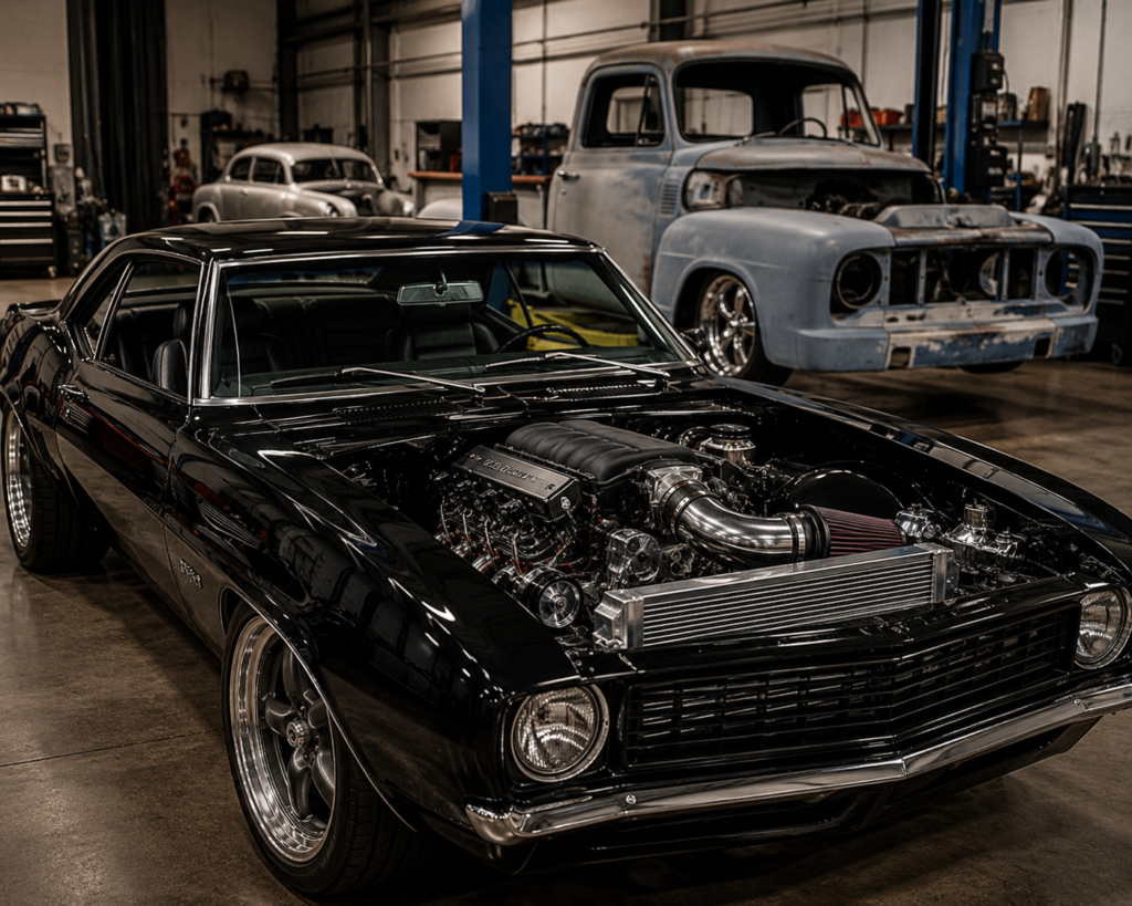 Black classic muscle car with a modern performance engine in a professional restomod workshop near Winston-Salem, NC