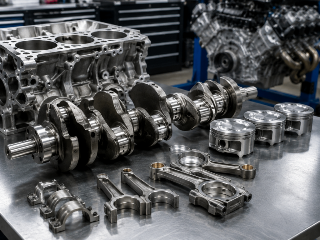 Performance crankshaft, pistons, connecting rods, bearings, and engine block prepared for assembly in Winston Salem NC