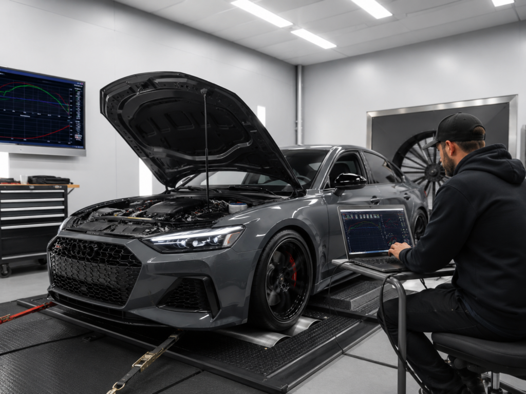 Automotive technician calibrating a street performance sedan on a chassis dynamometer