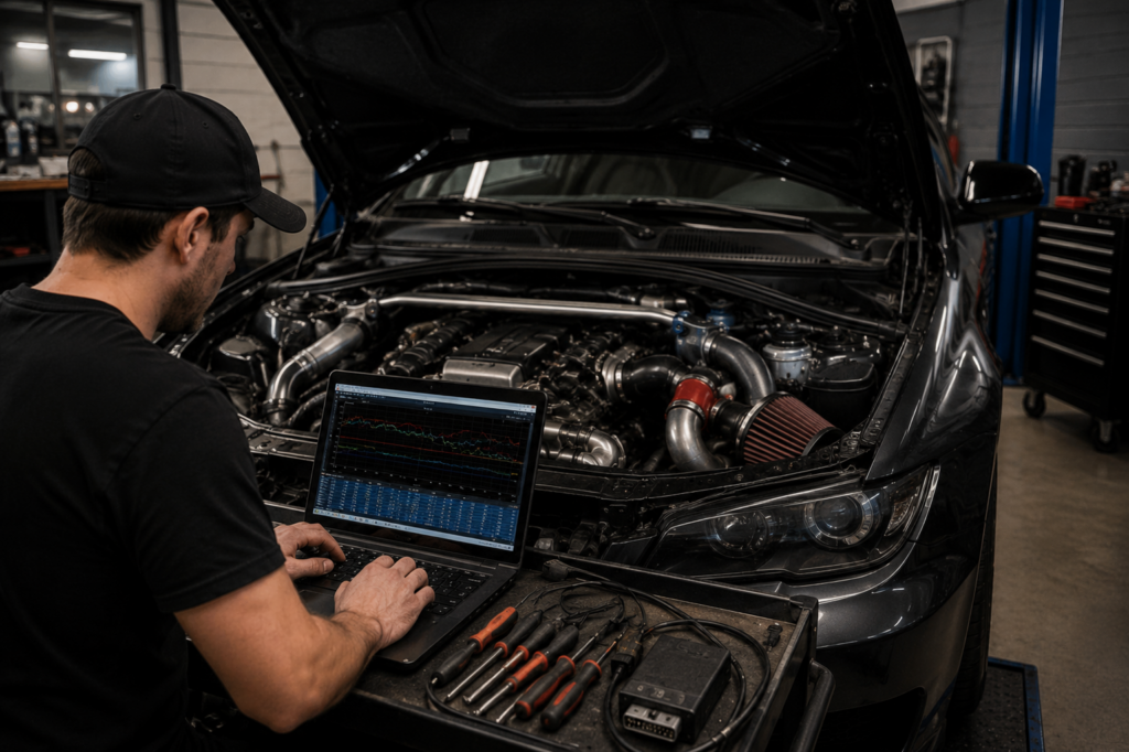 Automotive technician reviewing tuning data on a previously modified performance vehicle