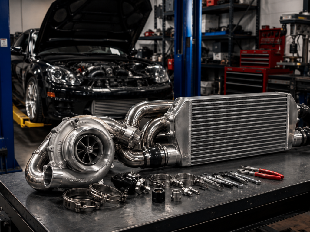 Turbocharger, intercooler, polished piping, and installation hardware in a professional performance workshop
