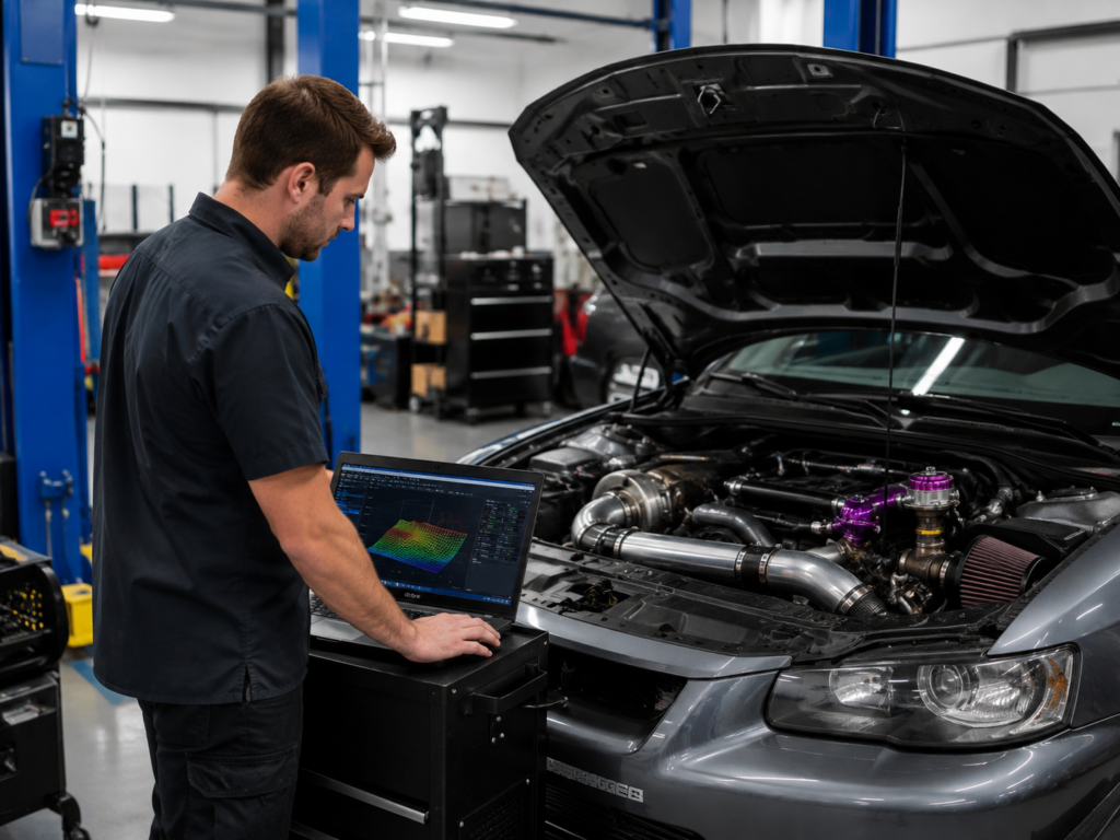 Automotive technician recalibrating a modified performance vehicle after major hardware changes