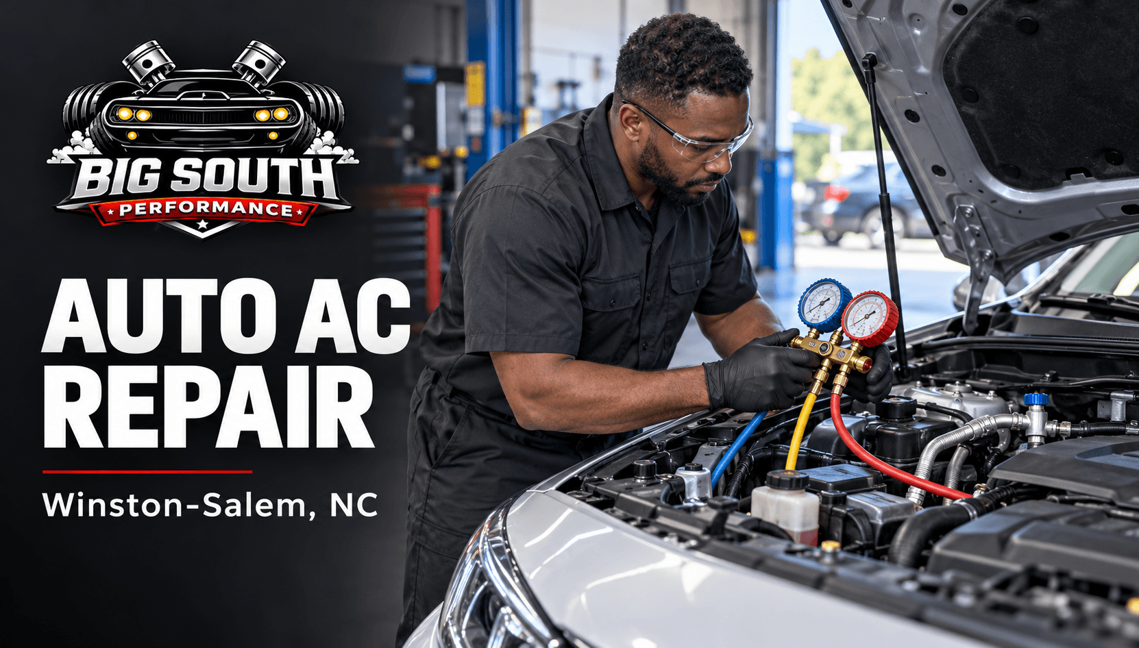 Illustration of a technician checking car air conditioning with manifold gauges beside the Big South Performance logo.