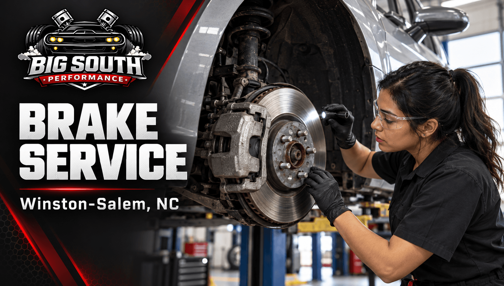 Illustration of a mechanic inspecting a brake rotor and caliper beside the Big South Performance logo.