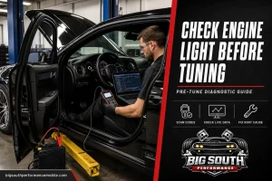 Technician scans a check engine light before tuning a modified car in a performance shop.