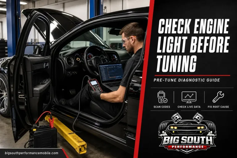 Technician scans a check engine light before tuning a modified car in a performance shop.