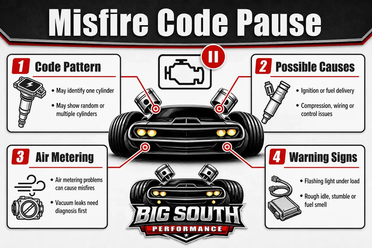 Misfire diagnosis infographic with ignition, fuel delivery, air metering and wiring categories.